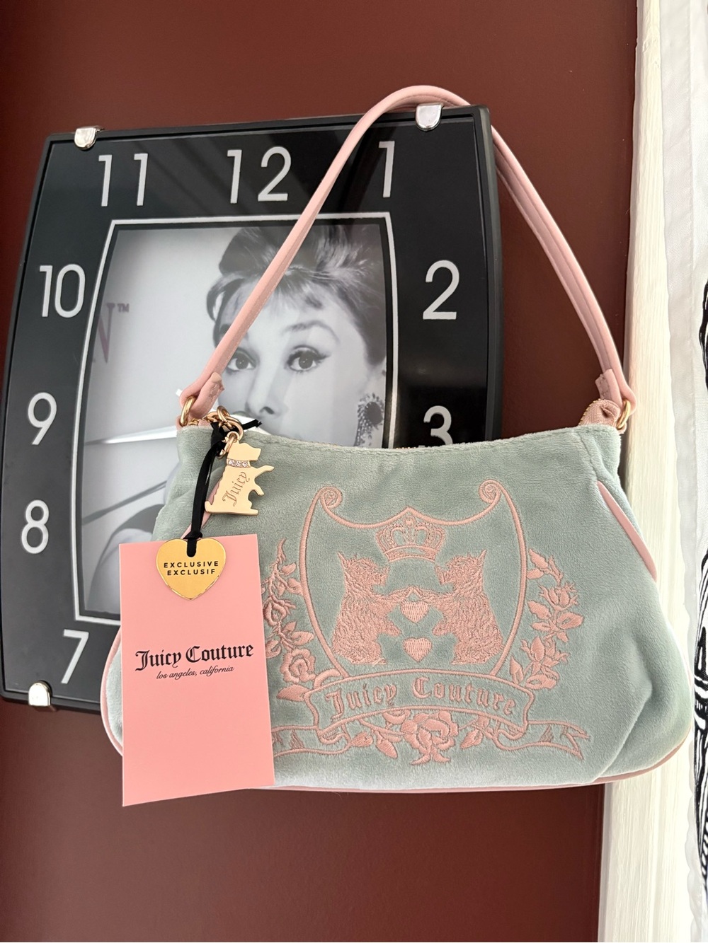 Juicy Couture Mint Green Velvet Shoulder Bag, Pale Pink Trim & Gold Charm